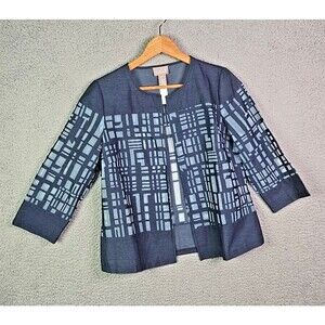 Chicos Lightweight Blue Gray Burnout Jacket Size 0 Geometric Pattern 3/4 Sleeve